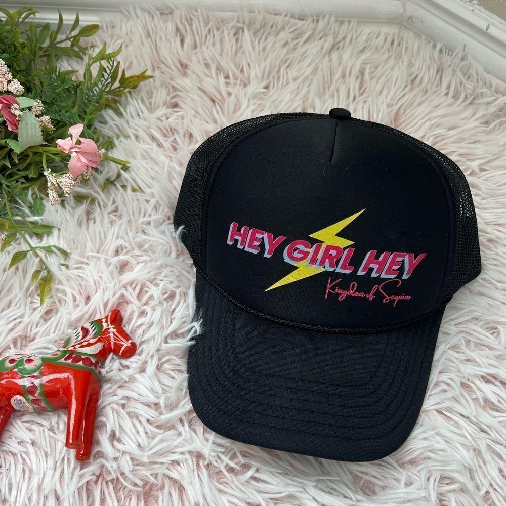 Kingdom Of Sequins Boutique Black Hey Girl Hey Lightning Rope Band Trucker Hat